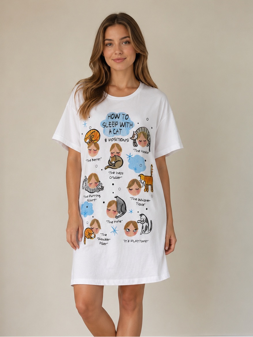 Rel-E-Vant White Vintage 90’s Graphic Sleep Tee Shirt- 'How To Sleep With A Cat'